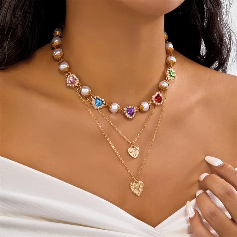 Elegante collana a catena con perle d'imitazione per collare da donna, collare da sposa, lusso, strass, cuore, girocollo, gioielli per feste