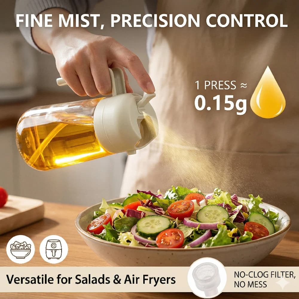 Dispenser/Contenitore 2 in 1 per Olio d'Oliva con Spruzzatore da 500ml, Accessori da Cucina per Friggitrice ad Aria, Insalate e Barbecue