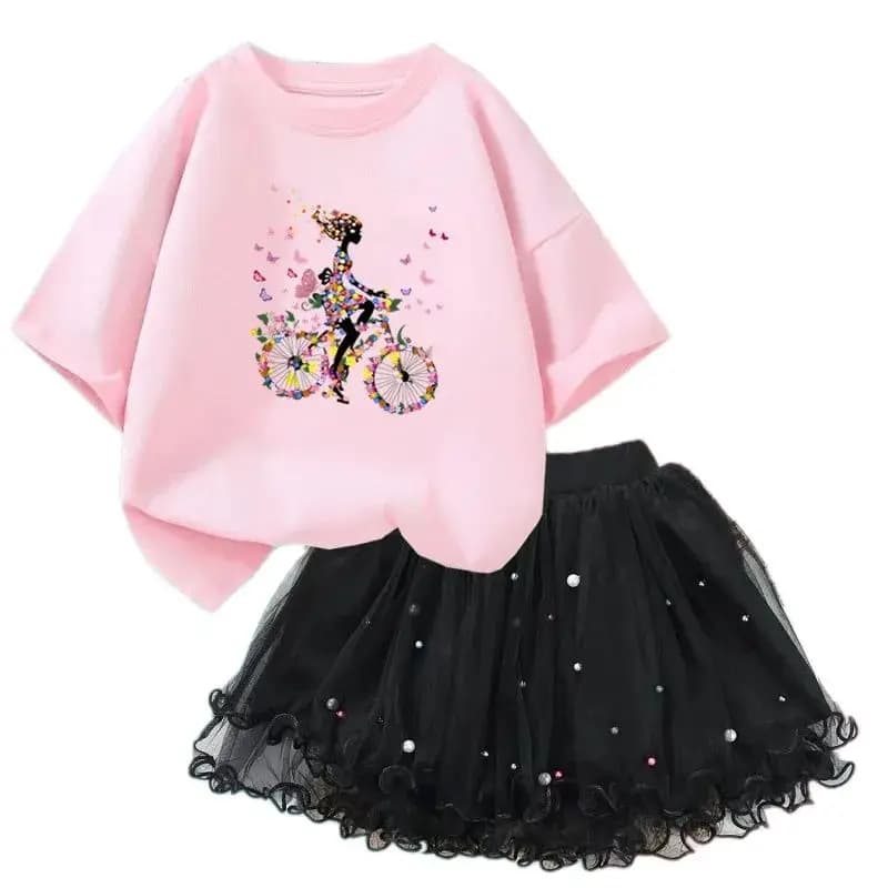 Set di abbigliamento per ragazze alla moda T-shirt estiva per cartoni animati Gonna tutu in rete soffice Abiti per bambini 2 pezzi Abiti per le vacanze