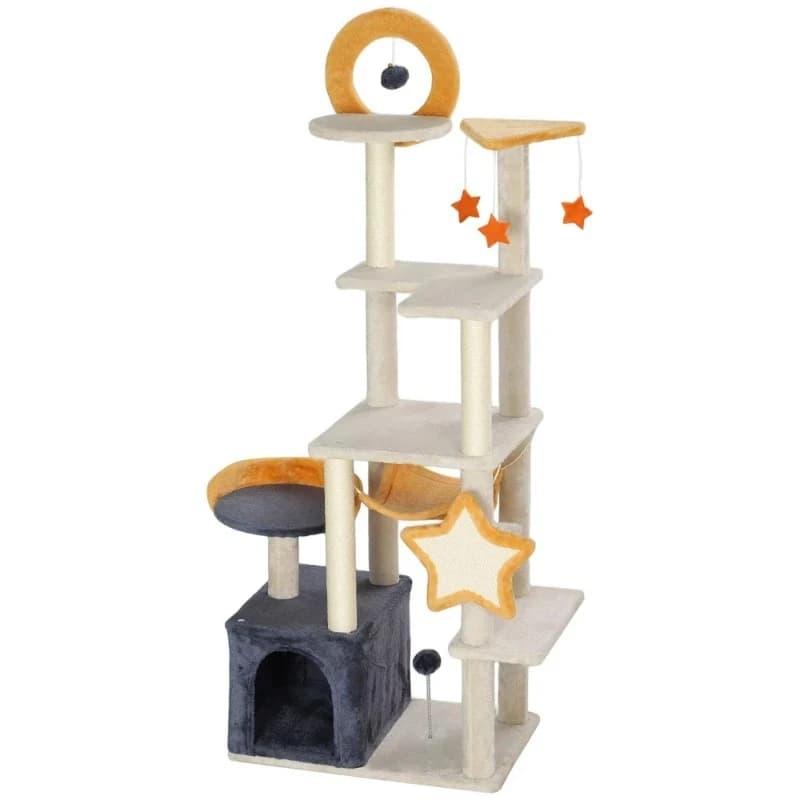 Cat Tree 63-inch Beige Moon Star-themed Cat Tree House with scratchboard, hammock, and toys for indoor use