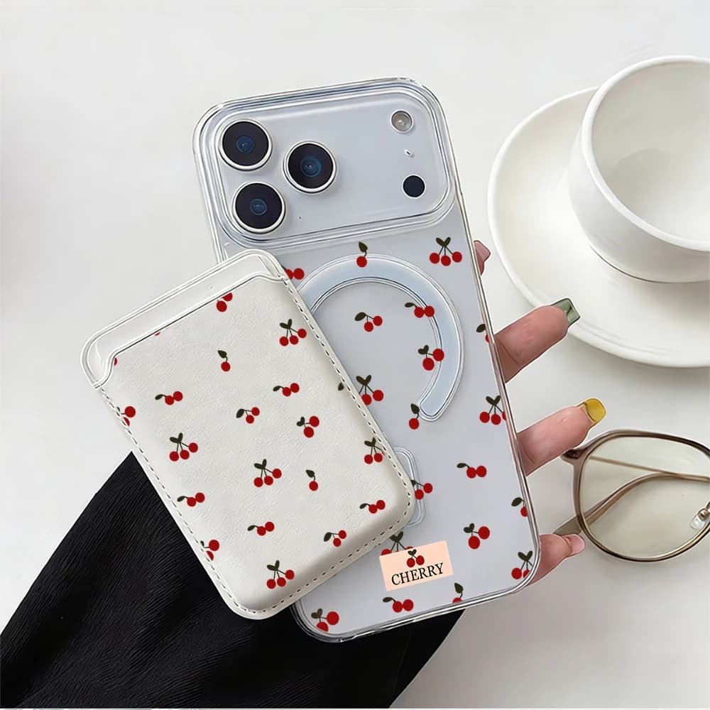 For Magsafe Wallet Magnetic Card Holder Phone Case For iPhone 17 16 13 15 12 14 Pro Max Plus Air 16E Korean Cherry Cute Cover