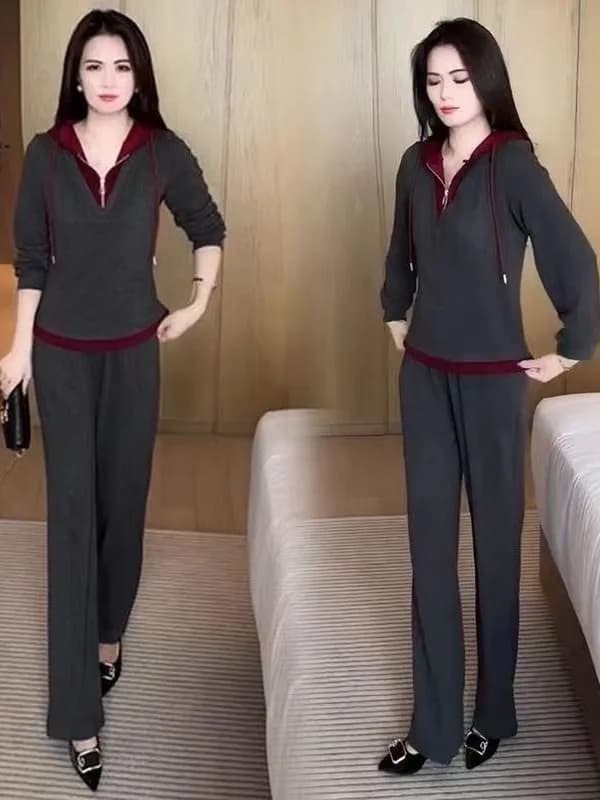 Completo Sportivo Casual da Donna, Nuovo Set Primaverile e Autunnale con Pantaloni a Gamba Larga e Felpa con Cappuccio a Vita Alta in Fibra di Poliestere