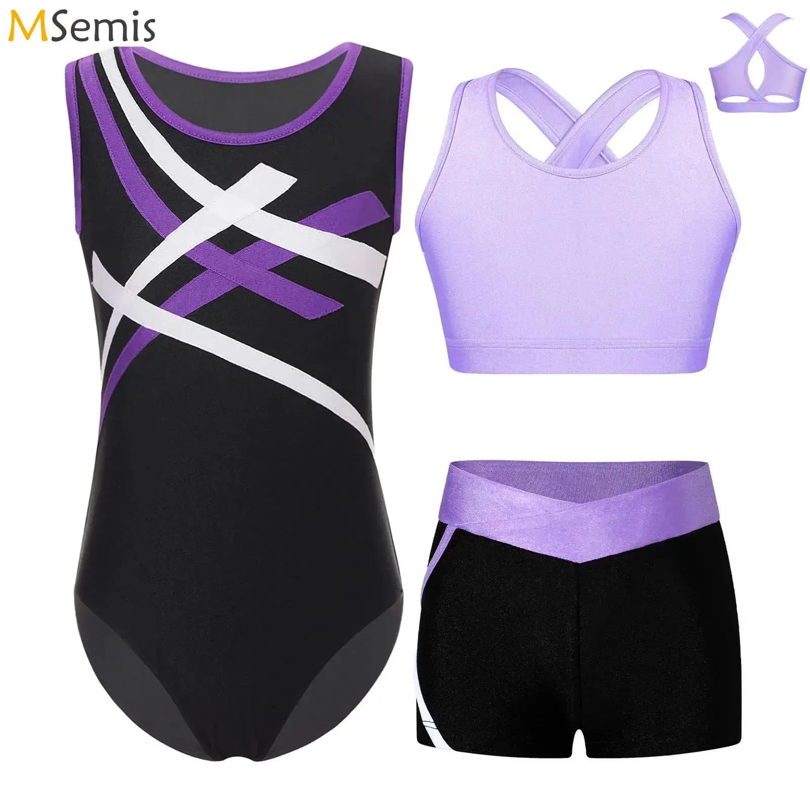 Kids Girls Sleeveless Gymnastics Leotards Jumpsuit + Shorts Rhinestone Shiny Metallic Ballet Dance Outfits Children Dancewear