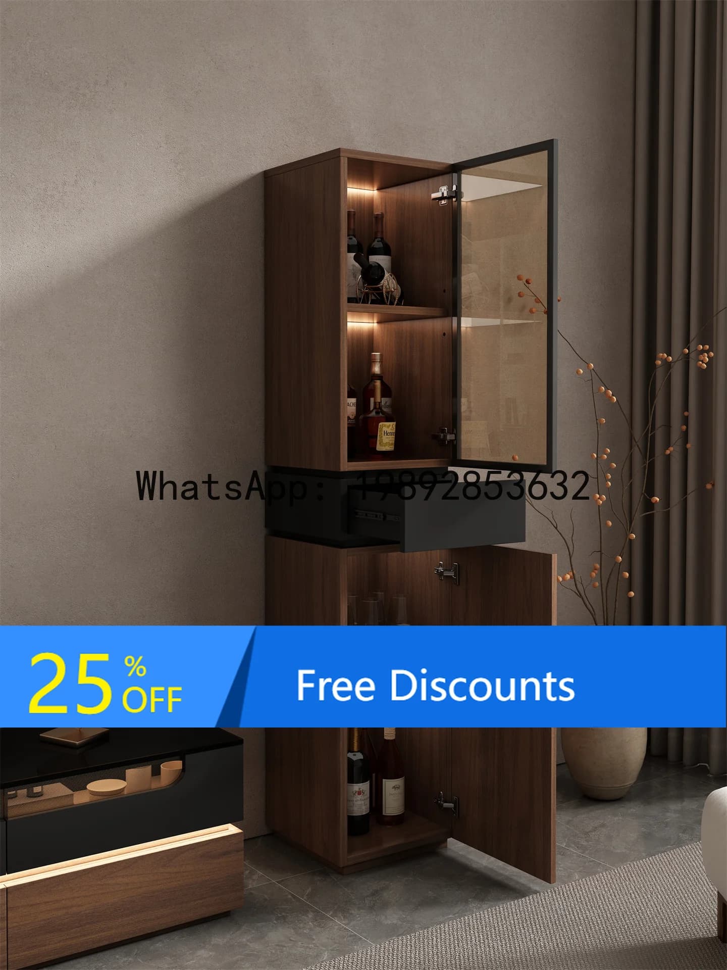 YFY Italiano minimalista in legno massello vino ad angolo TV divano laterale display in vetro portaoggetti ad angolo da parete