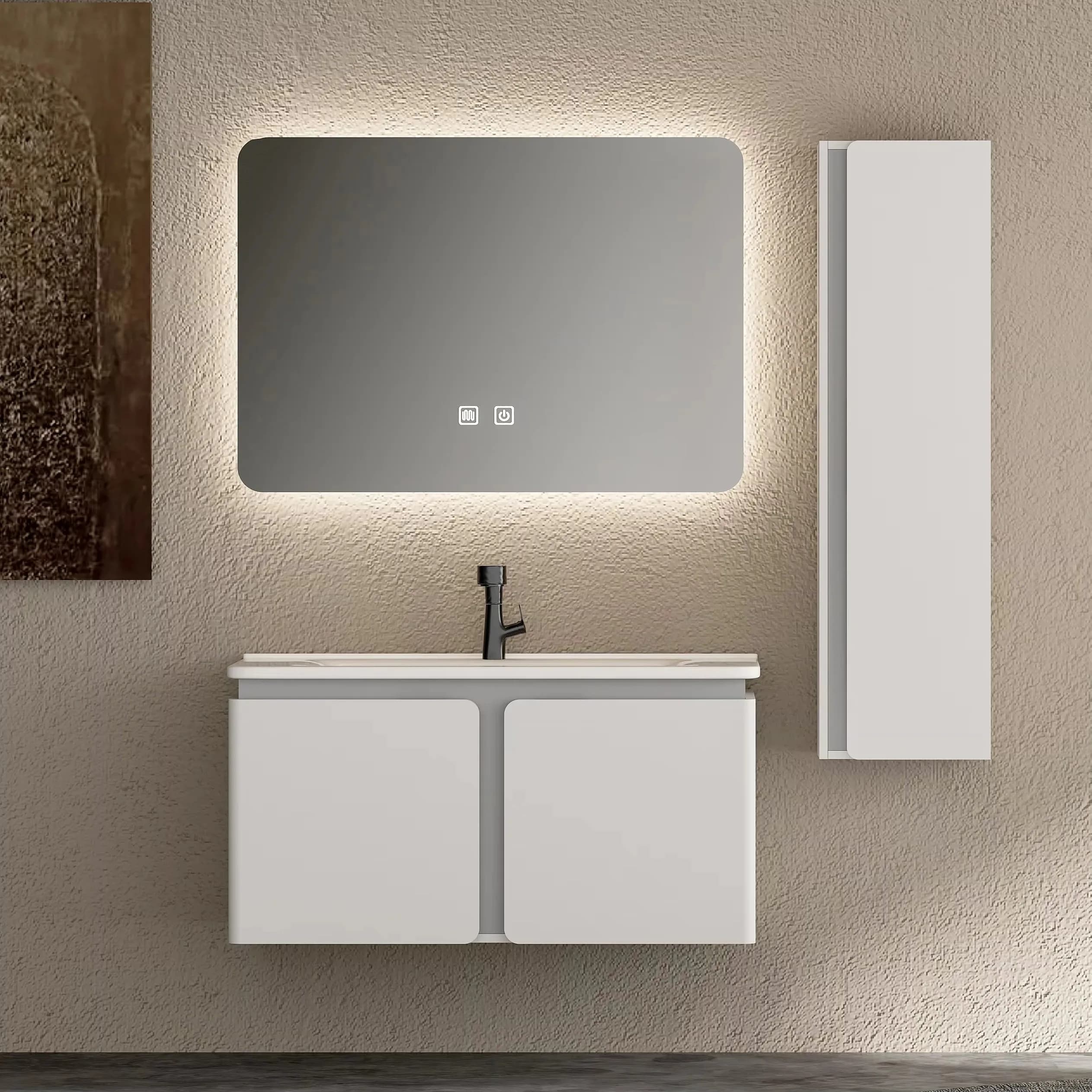 Nuovo Design: Mobile Bagno Sospeso in PVC con Doppia Anta, Specchio LED Intelligente e Lavabo in Ceramica