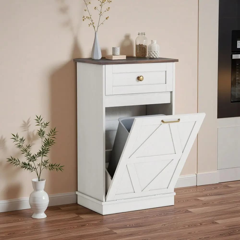 Tilt Out Trash Cabinet Wooden Free Standing Laundry Sorter Cabinet,Recycling Cabinet With Hideaway Drawer,Tilt Out Trash Cabinet Can Bin Kitchen
