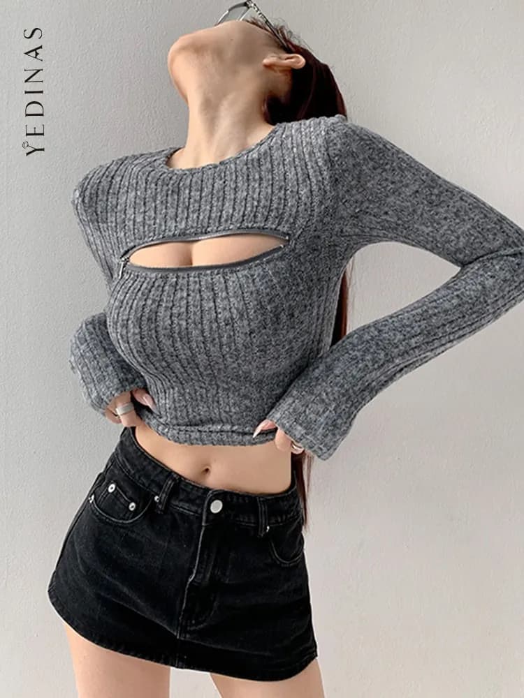 Yedinas Sexy Slim Zipper Hollow Out T Shirt abbigliamento donna manica lunga moda coreana primavera Tee Shirt Femme Casual Chic top