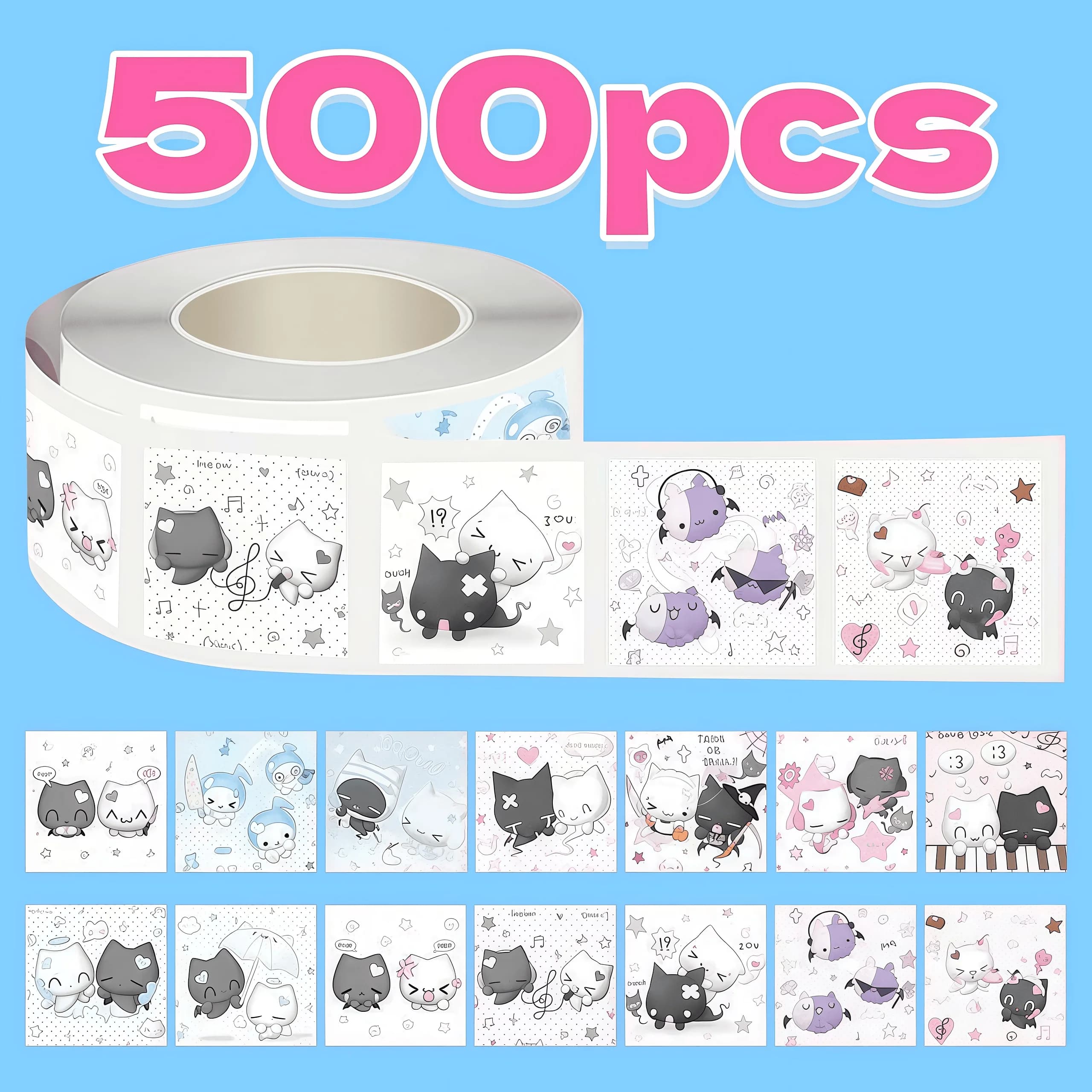 Rotolo di 500 Adesivi Gatto Carini con Note Musicali, Adorabili Decalcomanie con Espressioni di Gattini per Planner, Fai da Te e Decorazioni Regalo