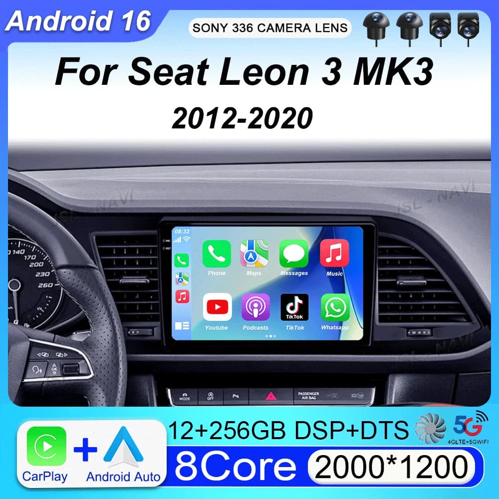 Carplay Auto per Seat Leon 3MK3 2012-2020, Lettore Multimediale Android 16, Radio Auto con WIFI+4G, Telecamera 360°, Stereo