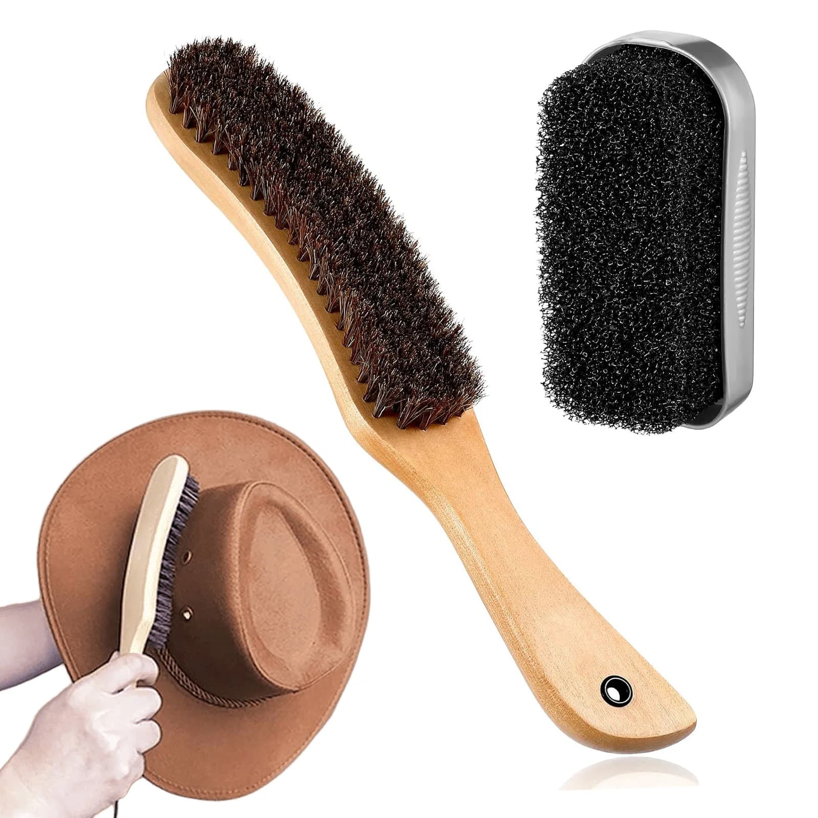 Detergente per cappelli in feltro, kit per la pulizia delle spazzole per cappelli in denim, set di spazzole e spugne per la pulizia, spazzola per lucidare la spugna per la pulizia del legno in crine di cavallo