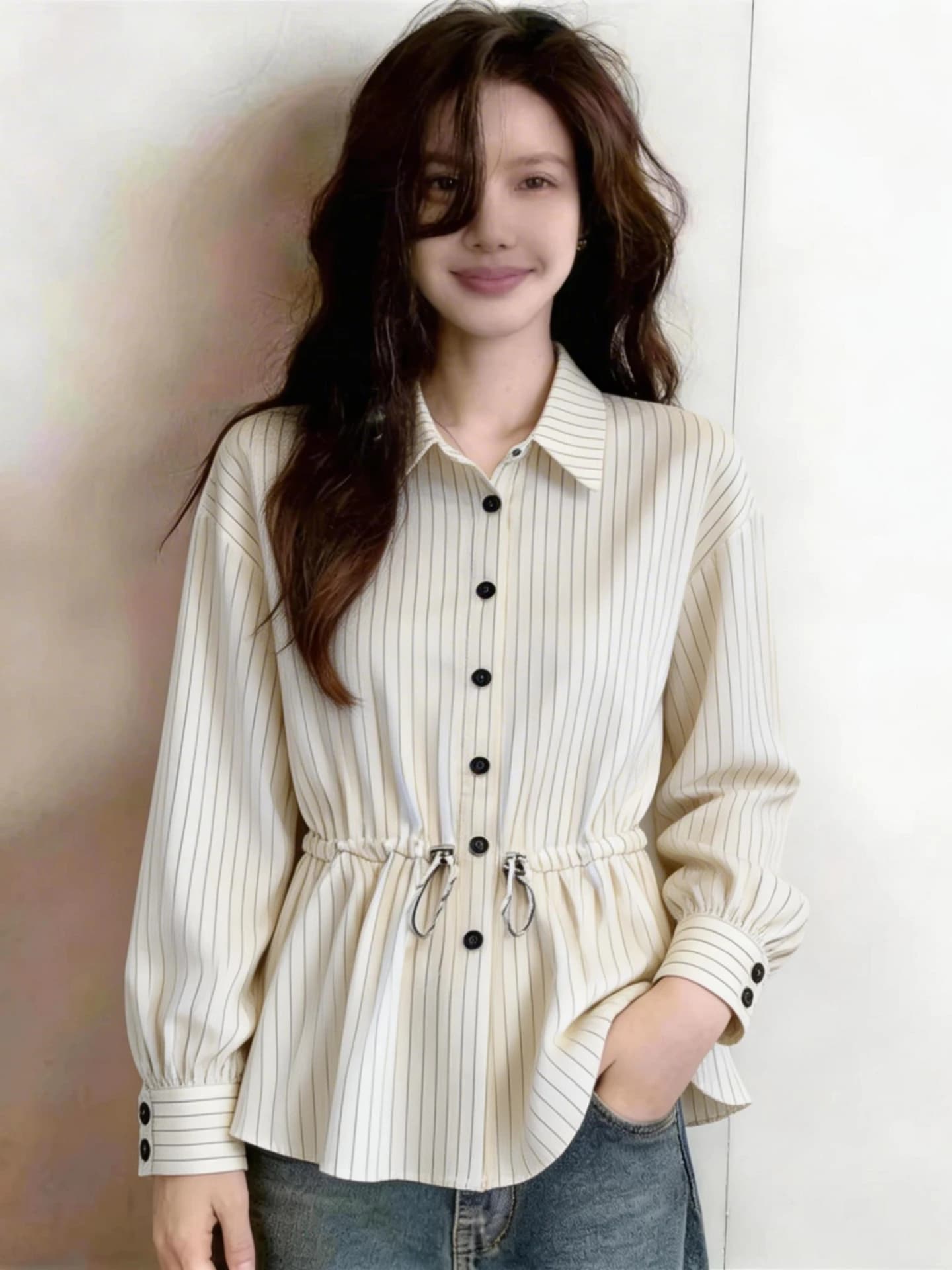 Slimming Effect Collar Long Sleeve Striped Base Shirt Women Summer 2026 plus Size Drawstring Waist Concealing Top