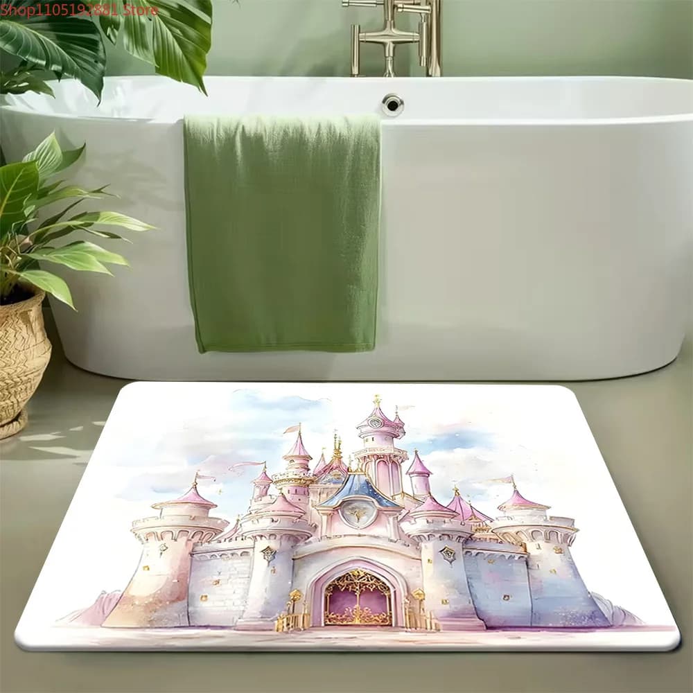 Pink bath mat with watercolor fairy castle, super non-slip absorbent bath mat, quick drying shower mat with magic princess
