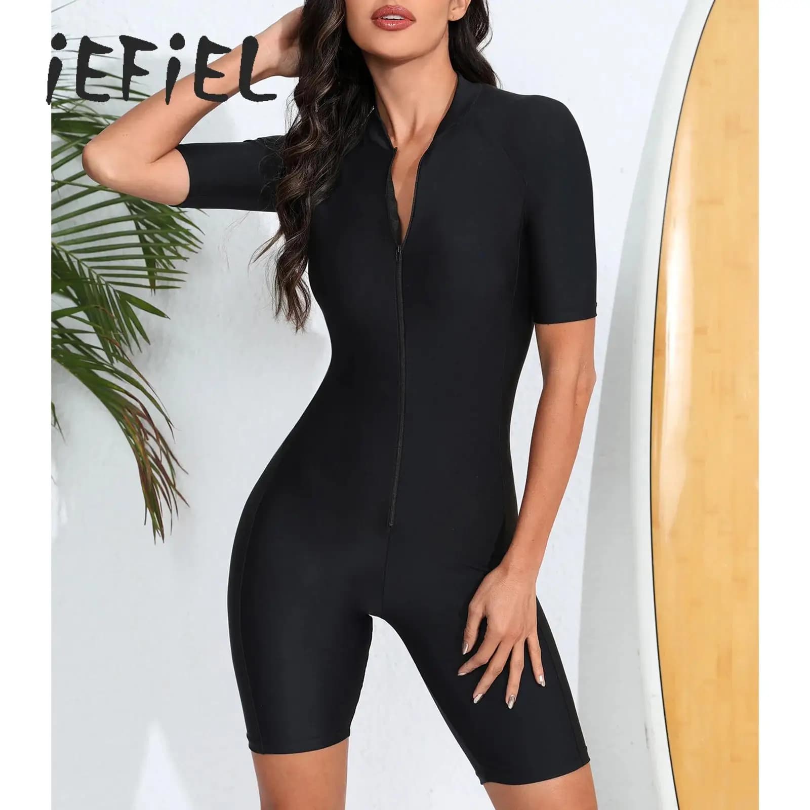 Costumi da bagno interi sportivi per donna Costumi da bagno per gamba da ragazzo Zip frontale Muta da surf Tuta da spiaggia Costume da bagno Rushguard