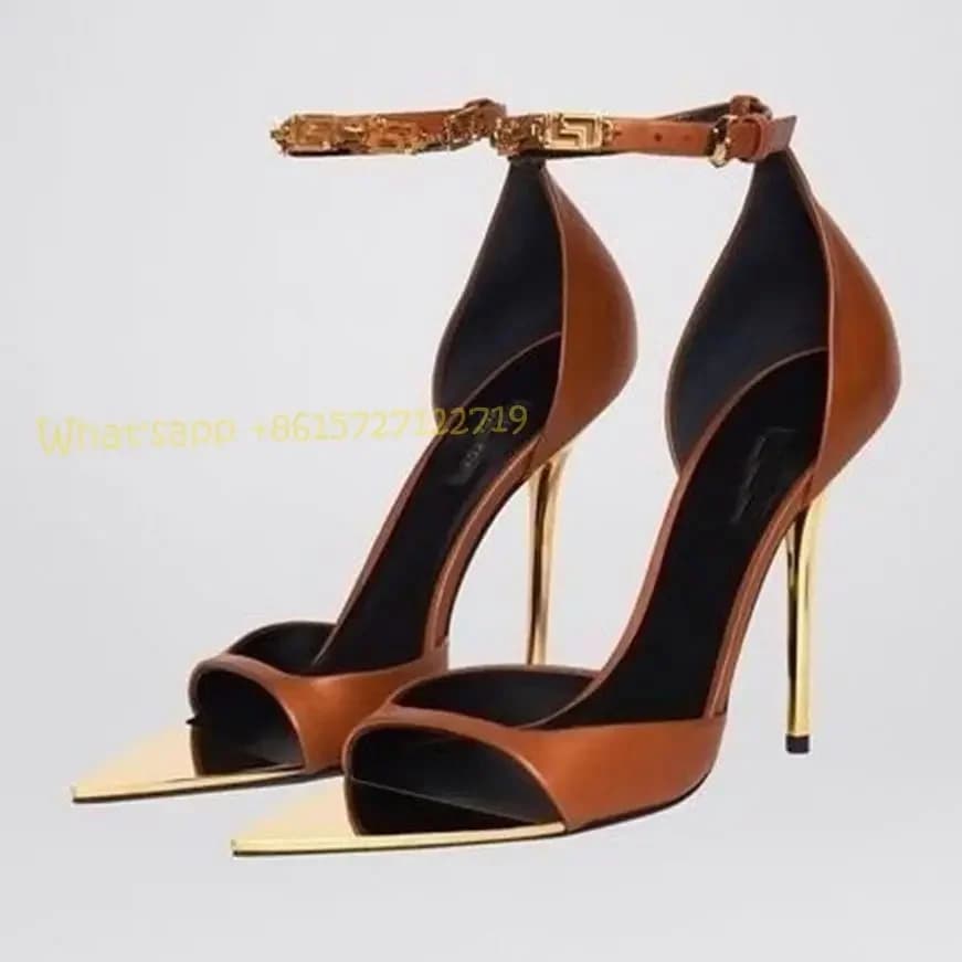 Donne Cover Heels sandali di seta Tan Brand Metal Peep Toe tacchi a spillo alti sandali donne di lusso Sexy estate Casual scarpe comode