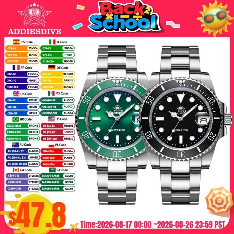 ADDIESDIVE Orologio da sub in acciaio inossidabile Orologio da sub 200M C3 Super luminoso Sport Orologio di lusso reloj hombre Orologio da uomo al quarzo