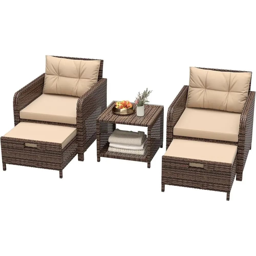 5 Piece Patio urniture Set, PE Wicker Outdoor urniture Set with Sot Cushions & Coee Table, Outdoor Lounge Chairs with Ottoman or