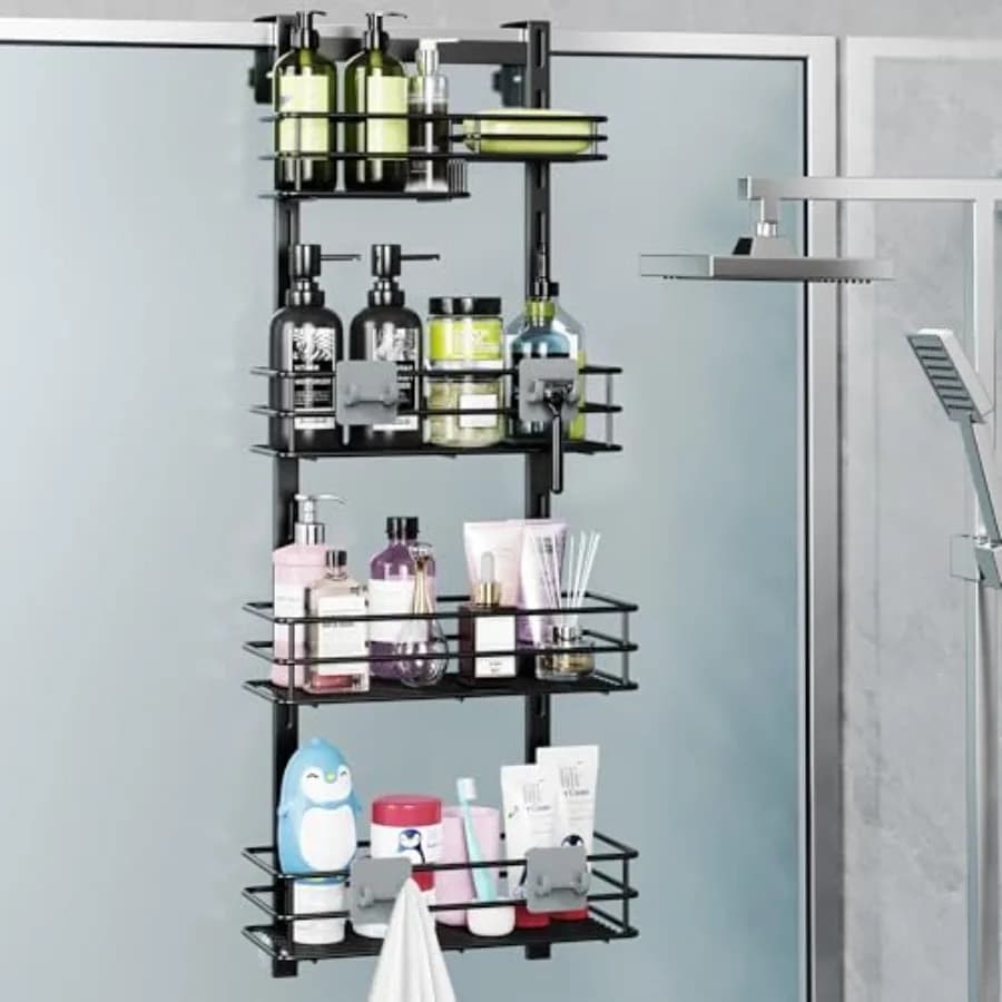 Organizzatore da Doccia da Appendere Sopra la Porta, Regolabile a 4 Livelli, Nero, Antiruggine, con 4 Ganci, Cesto Portaoggetti per Doccia