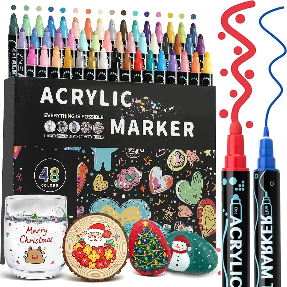 Set di Pennarelli Acrilici a Doppia Punta, Marcatori Acrilici Premium per Pittura su Legno, Tela, Pietra, Roccia, Vetro, Ceramica, Fai-da-Te