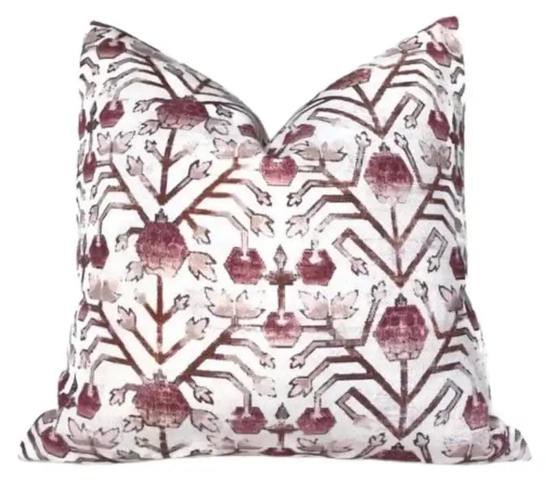 Pillow Cover in Hibiscus 07, Designer Pillow Cover, Decorative Pillows Case,Burgundy Block Print Geometric Floral Vine Decor Throw Pillow Cover