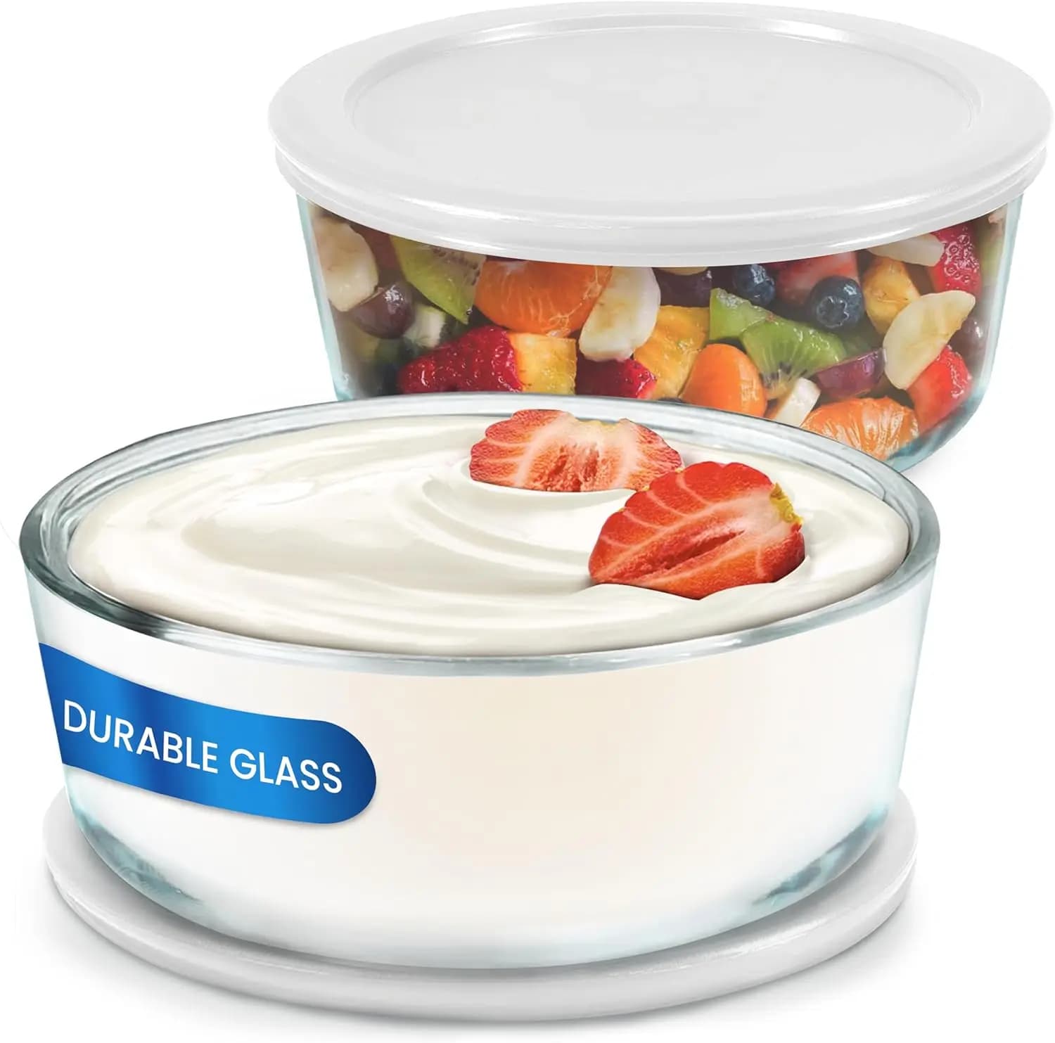 Contenitori per Yogurt, Confezione da 2, Ciotole in Vetro da 1 Quarto con Coperchi per Conservazione Alimenti e Preparazione Pasti