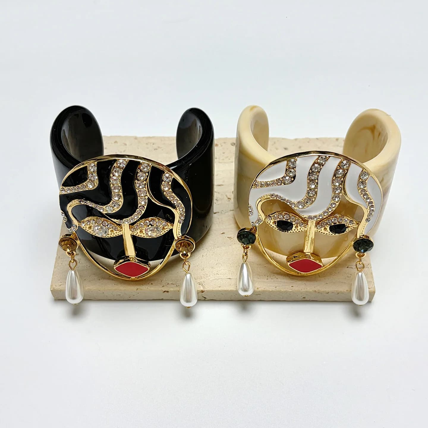 Exaggerated Enamel Face Mask Imitation Pearl Cuff Bracelets for Women Resin Bangles Unique Fun Design Accessories Jewelry Gifts