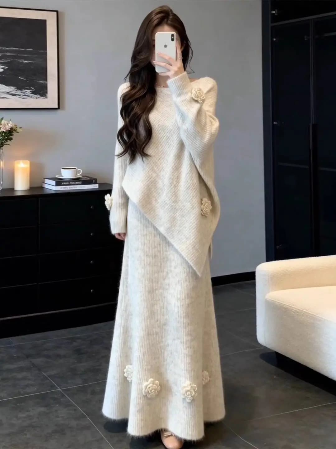 Autunno Inverno Donna Gentle Sle Maglione lavorato a maglia e gonna Set Alta Elastici Lungo Sve rotondo Ne Caldo e accogliente Set a due pezzi