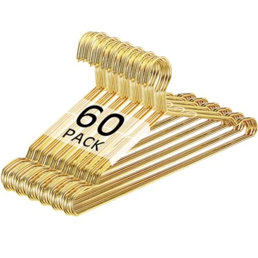 Confezione da 60 Appendiabiti in Metallo Dorato, 45 cm, in Acciaio Inossidabile, Robusti con Gancio Rotondo Sottile per Cappotti, Camicette, Vestiti