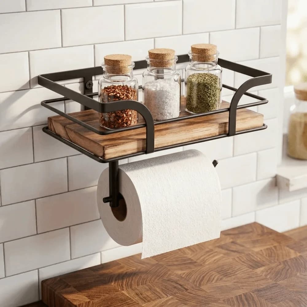 Portarotolo da parete in legno resistente, stile rustico, salvaspazio, con porta cellulare, stile rustico/country