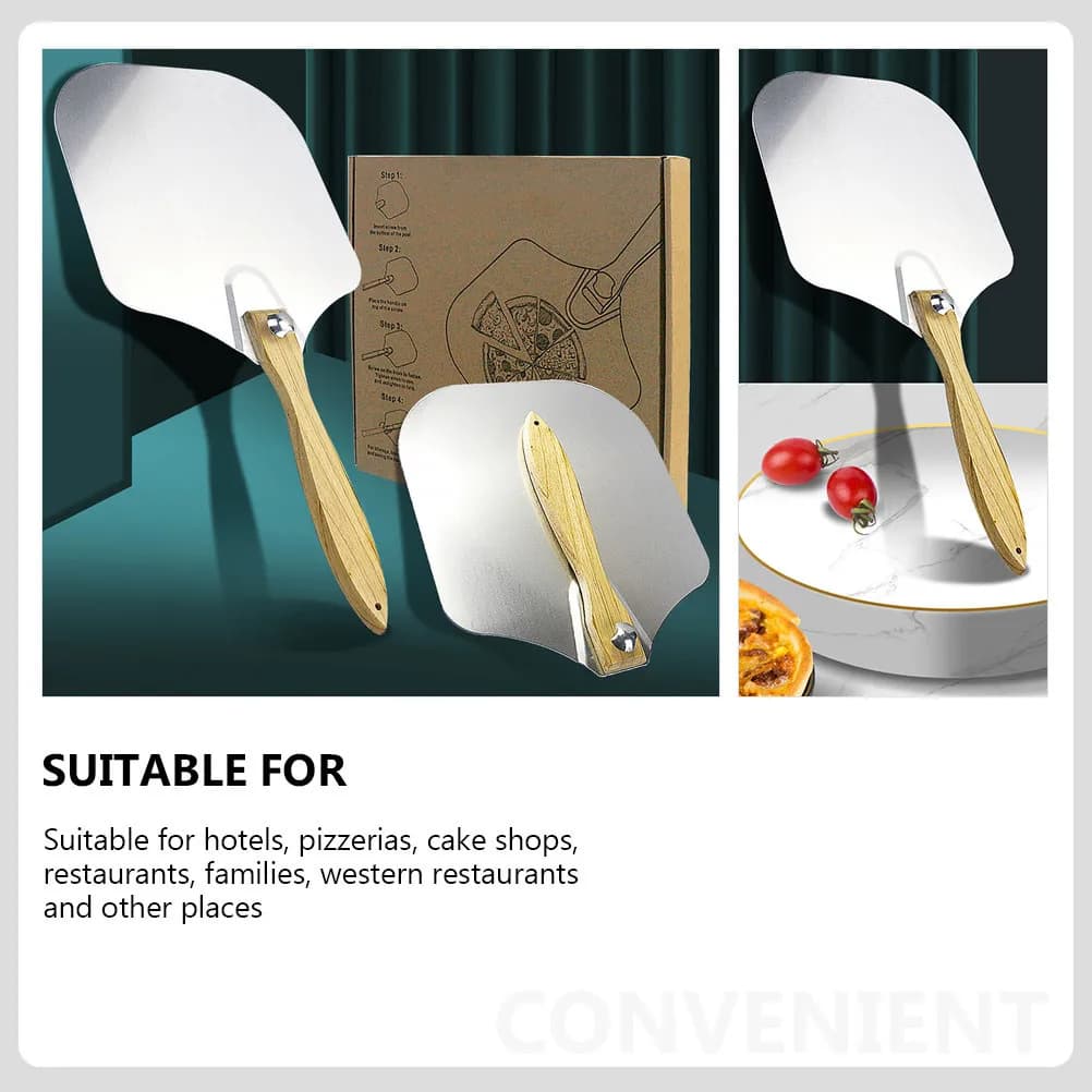 Pala per pizza pieghevole in alluminio con manico ergonomico in legno, resistente al calore e antiscivolo, per pizzerie e panifici.