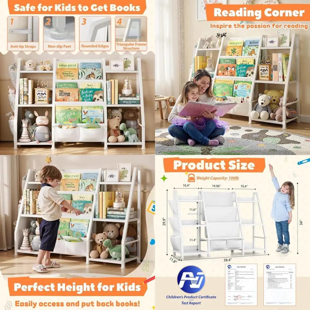 Scaffale per bambini Grande libreria portaoggetti: Scaffale per libri bianco a 3 livelli Organizzatore di giocattoli per bambini - Espositore con 3 tasche per
