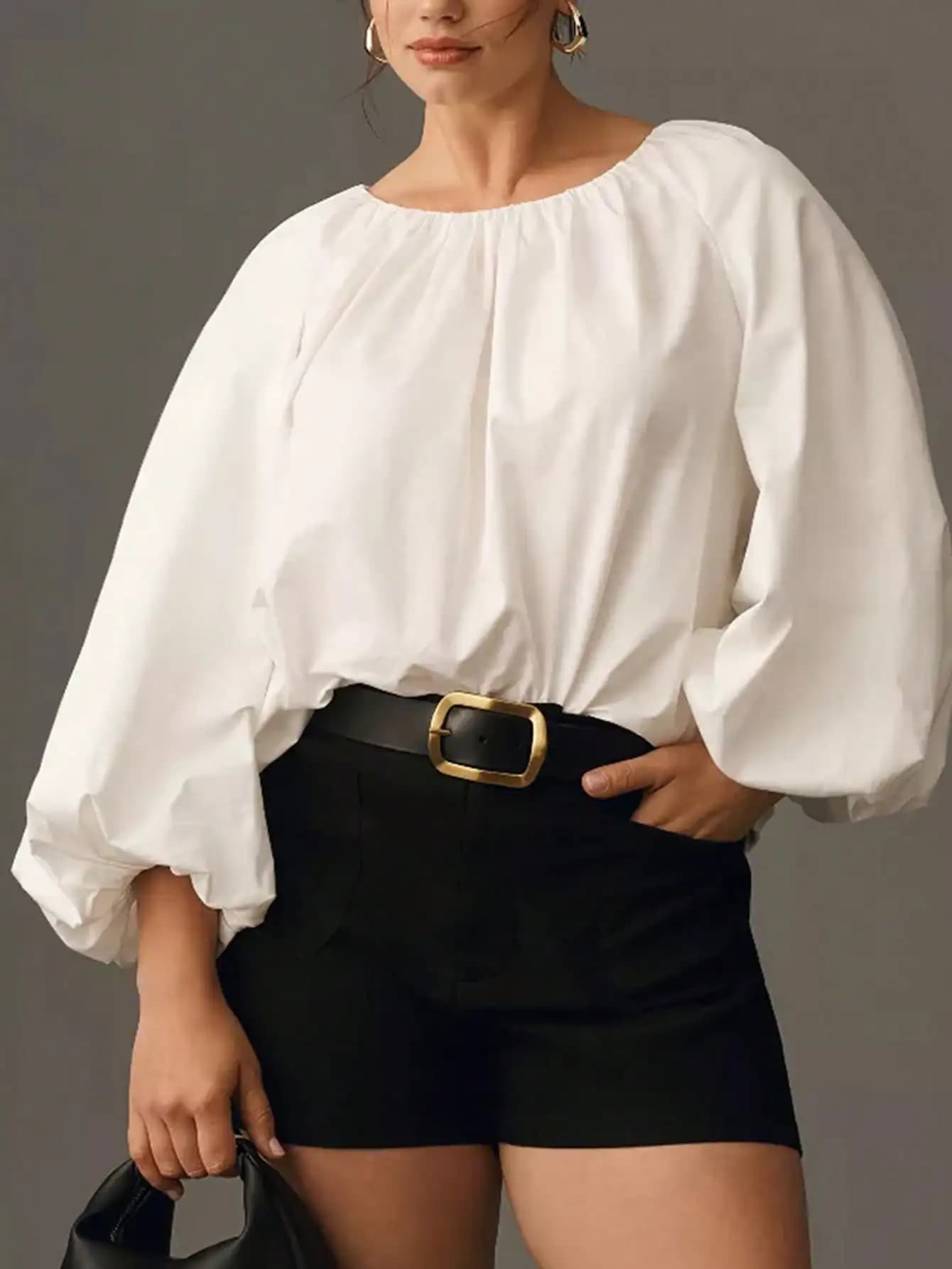 Plus size women's shirt round neck elegant solid color top lantern long sleeves fashionable wide blouse, button on the back