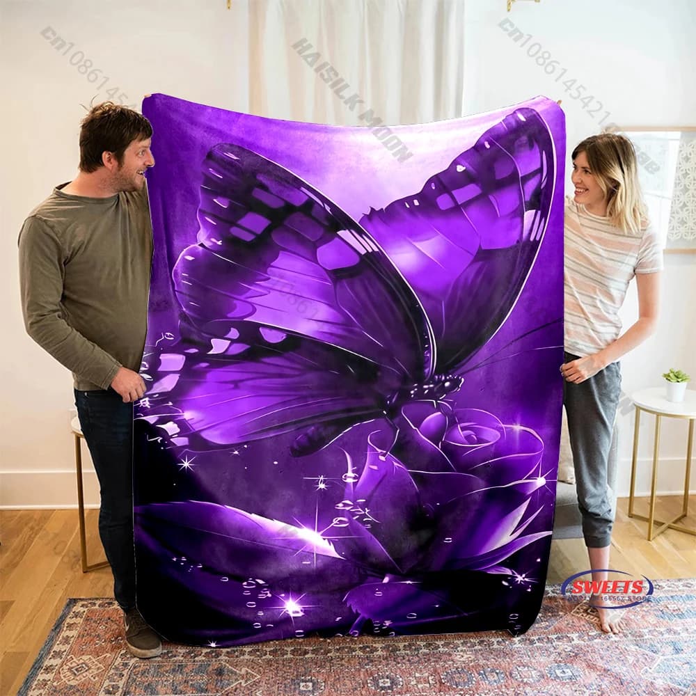 Coperta stampata con farfalle e fiori viola di 6 dimensioni, calda e morbida coperta da viaggio per la casa, divano, biancheria da letto, coperte, regali per gli amici