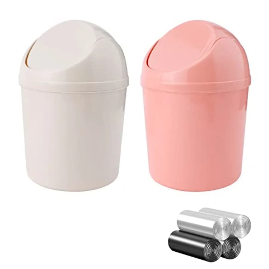 2 Pcs Plastic Mini Wastebasket Trash Can with Swing Lid with 120 Trash Bags, Tiny Desktop Waste Garbage Bin for Home, Office, K