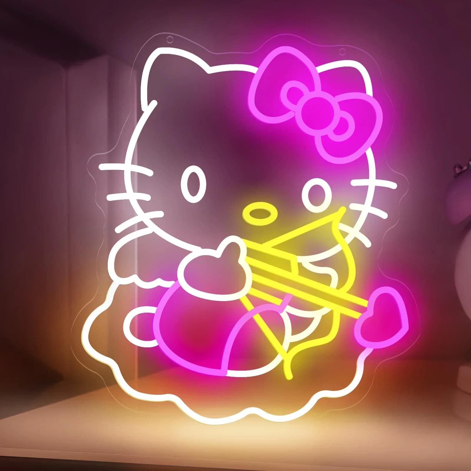 Insegna al Neon LED Hello Kitty Cupido, Luce al Neon USB, Decorazione da Parete Sanrio, Ornamento Romantico per Camera da Letto, Regalo Ideale per Ragazze