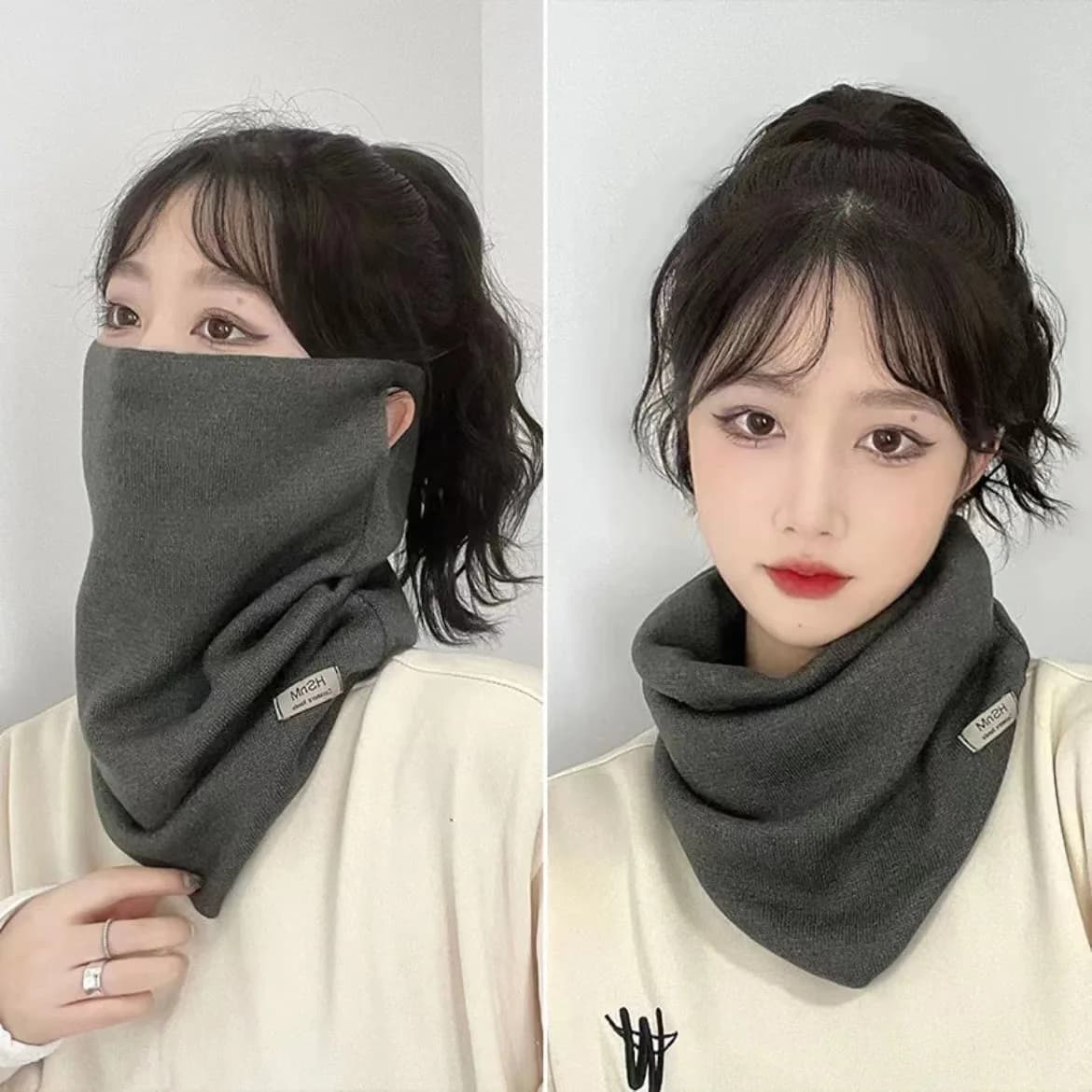 Sciarpa di lana da donna 3 in 1 Colletti di protezione per il collo caldi invernali Fazzoletti da collo lavorati a maglia Peluche solido Appeso Copri orecchie per il viso Fascia per capelli
