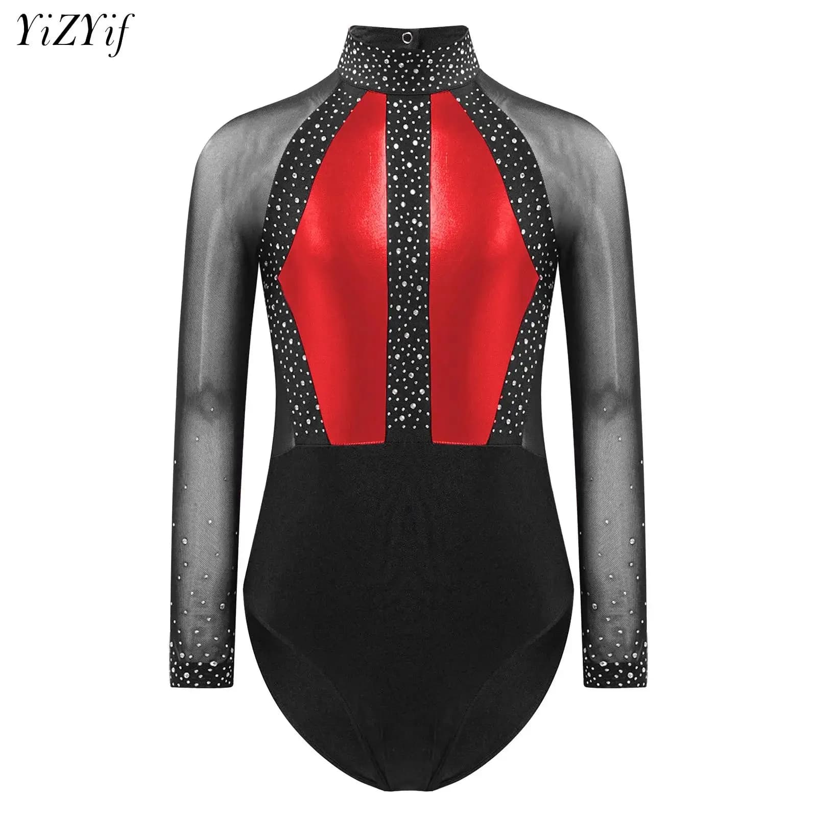 Kids Girls Shiny Rhinestones Leotard Color Block Patchwork Mesh Long Sleeve Bodysuit for Gymnastics Ballet Dance Figure Skating