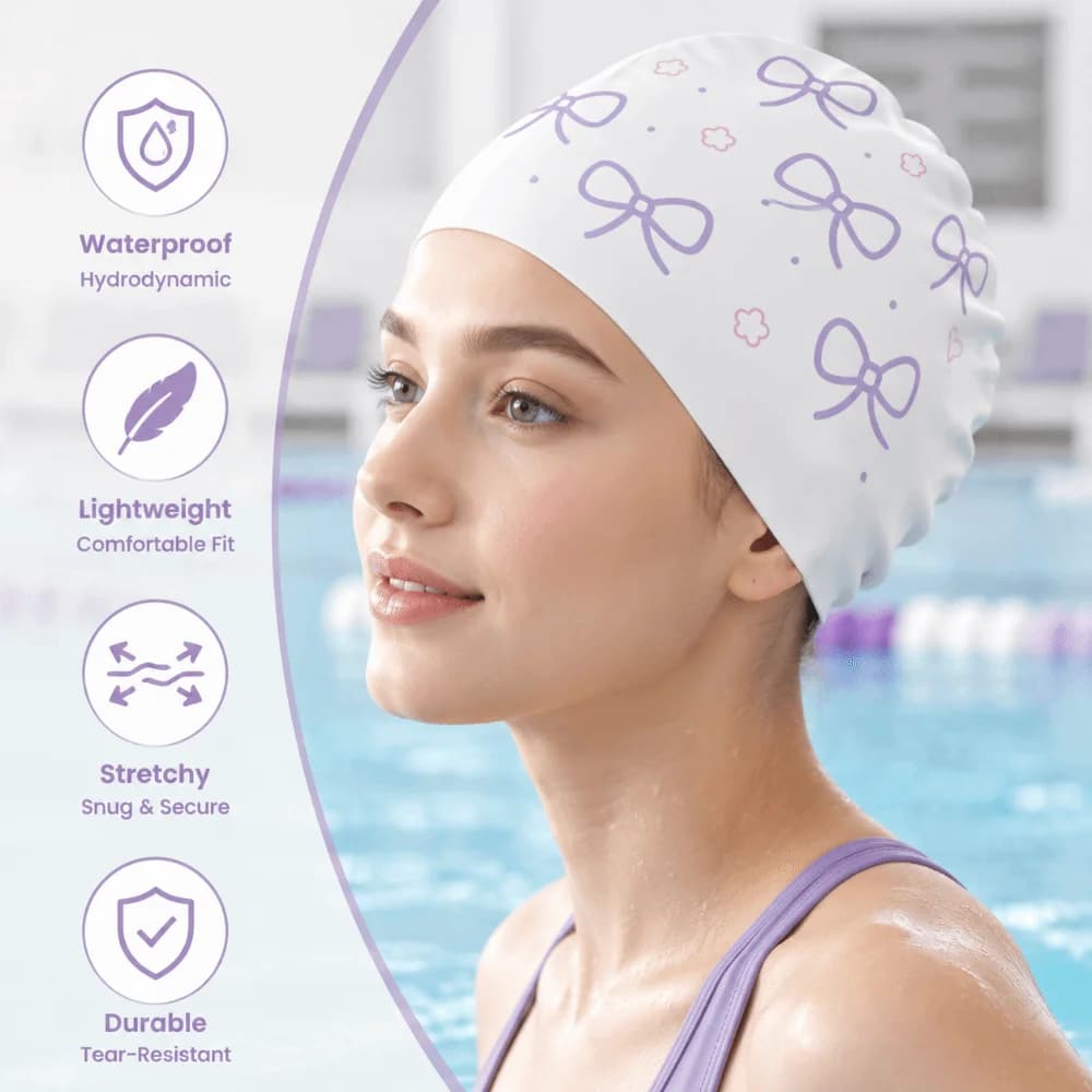 Creative Bow Print Swimming Hat Bow Pattern High Elastic Silicone Swim Cap Waterproof Comfortable Pool Headgear Swimming Pool