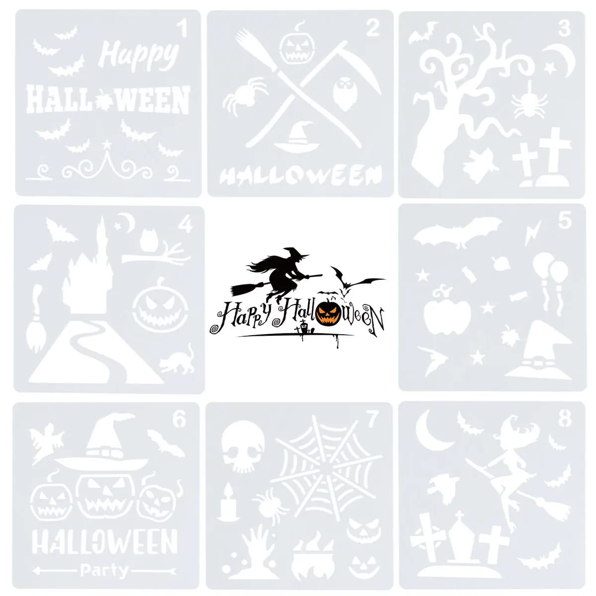 Set di 8 Stencil per Disegno di Halloween, Decorazioni Classiche in Plastica per Penne, Matite, Pennarelli, Pastelli Gel, Sicuri e Durevoli