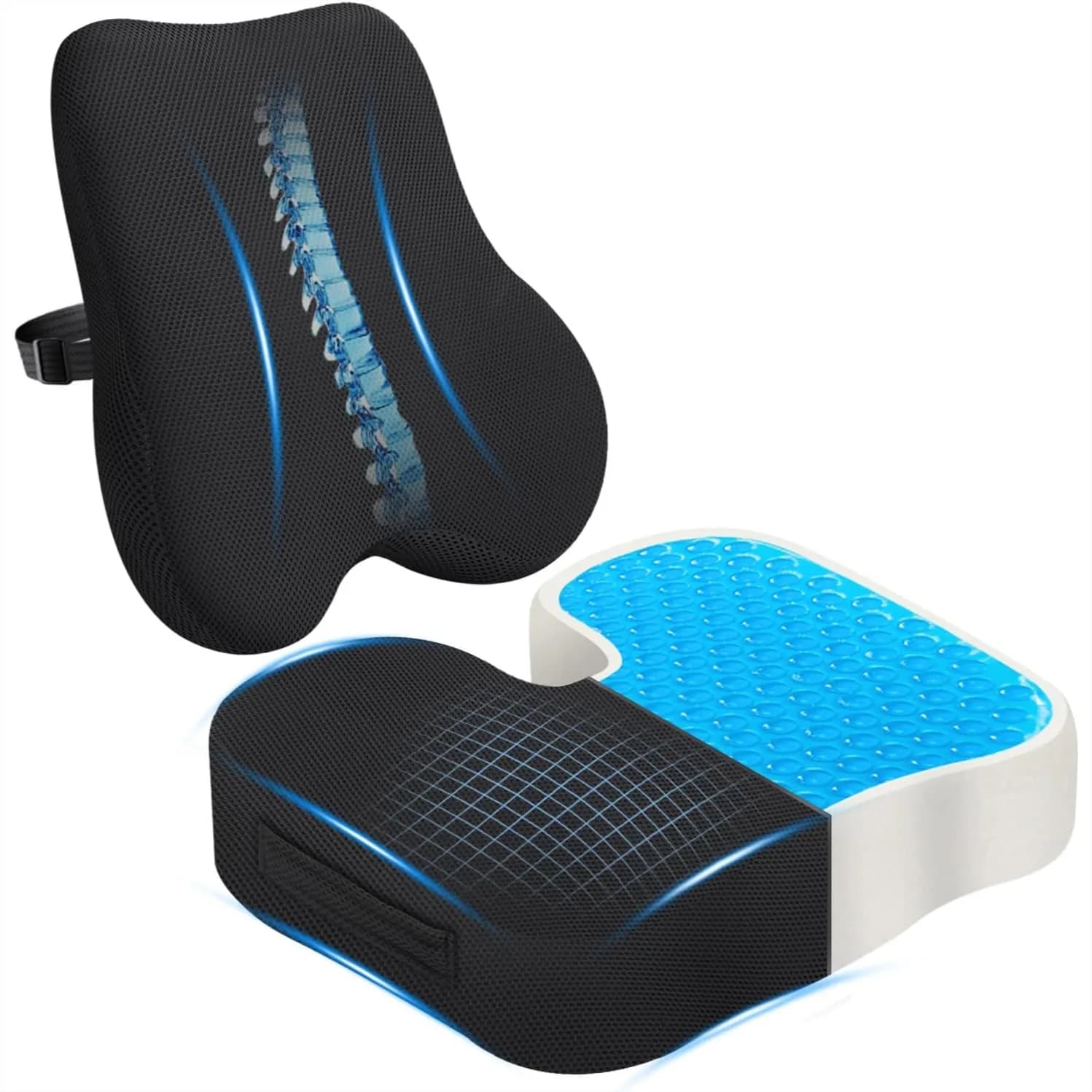 Set Cuscino in Gel Rinfrescante e Supporto Lombare, Ergonomico in Memory Foam per Alleviare il Dolore al Coccige e alla Schiena, per Sedia da Ufficio