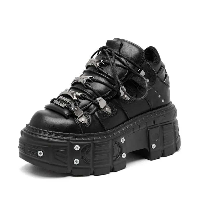 Scarpe nere da donna stile punk Decorazioni in metallo rock Scarpe con plateau alte con tacco stringate Scarpe da ginnastica da uomo gotiche Stivaletti da donna 2024 Nuovo