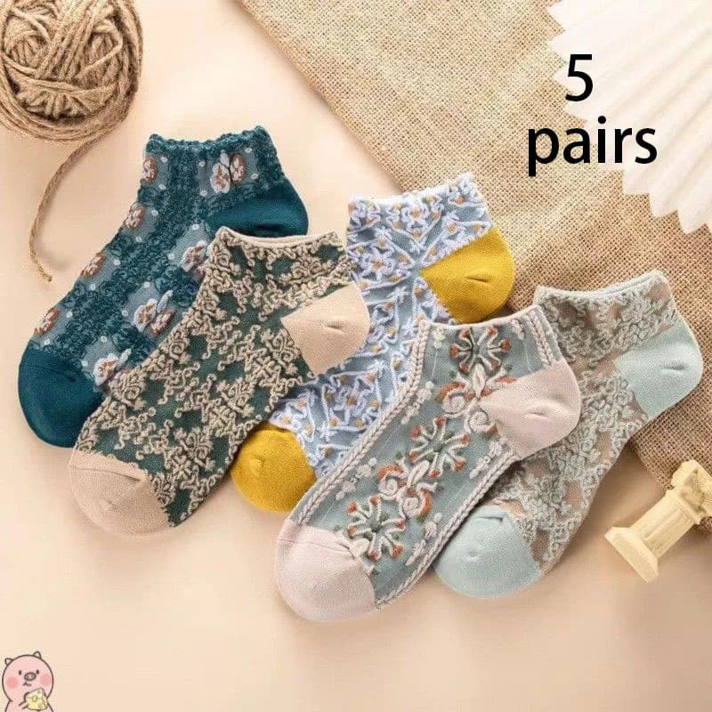 5 Paia di Calzini da Donna Primavera Estate, Stile Palazzo con Rilievo, Traspiranti, Tinta Unita, Semplici, a Taglio Basso