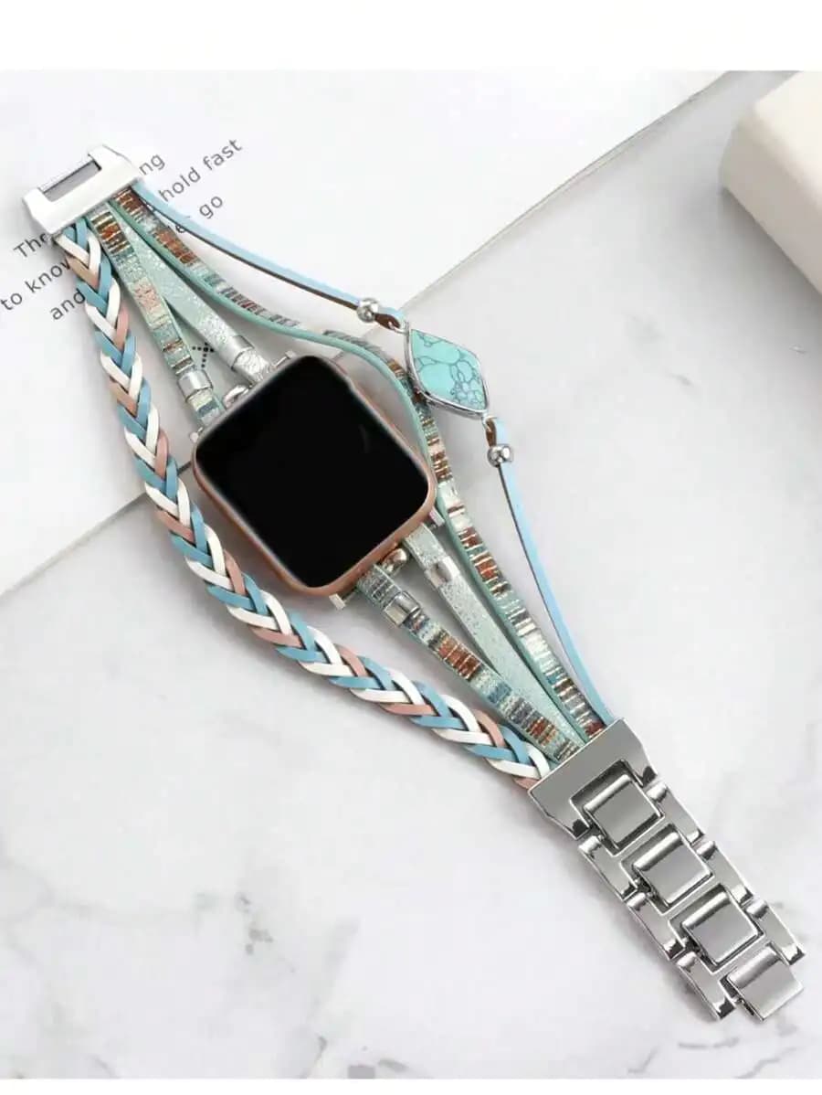 1pc Bohemian Style Rhombus Large Stone PU Leather Watch Band Compatible With Apple Watch 38mm 40mm 41mm 42mm 44mm 45mm 49mm S10