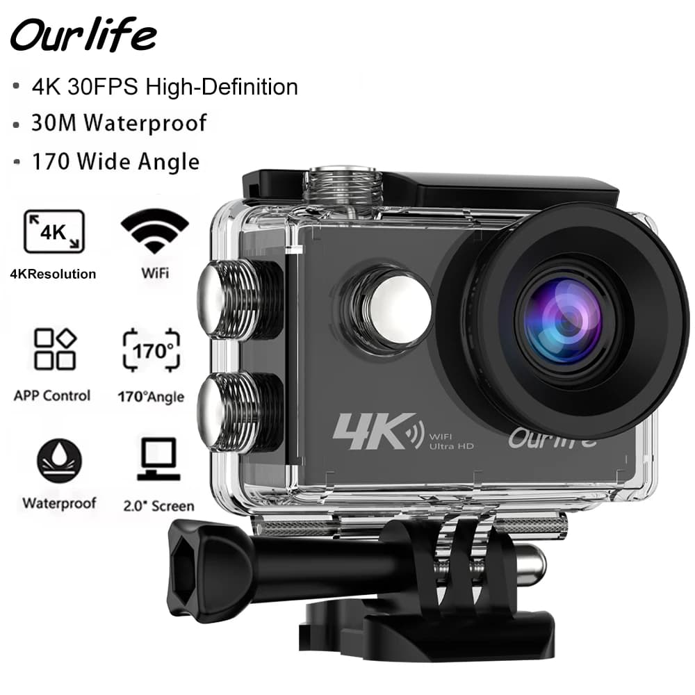Ourlife 4K Action Camera Ultra HD 16MP WiFi Schermo da 2.0 pollici 170D DVR Webcam Subacquea 30M Casco Registrazione video Telecamera sportiva