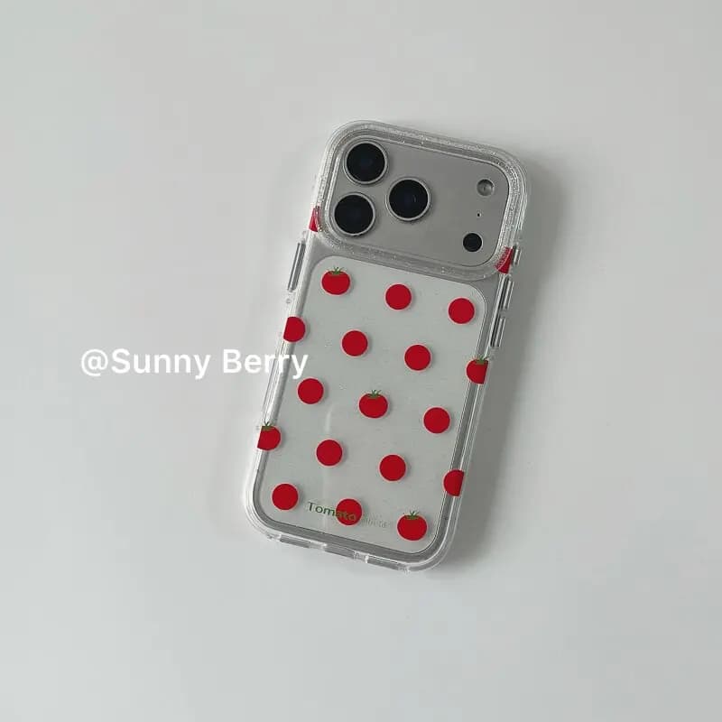 Cover Trasparente Anti-Caduta per iPhone 17A 16 15 14 13 12 11 Pro Max 14 15 Plus, Stile Coreano Y2K con Pois Rossi e Motivo Tomatao