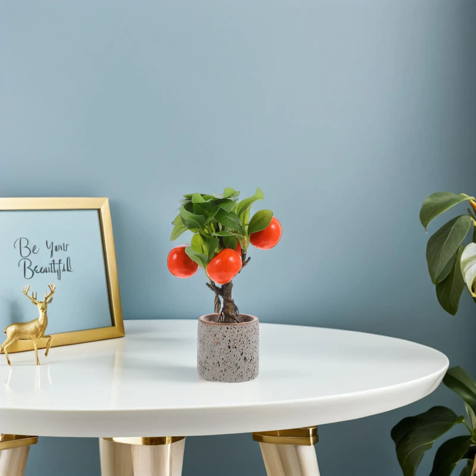 Bonsai Arancione Artificiale Realistico in Vaso, Mini Decorazione Fruttifera per Casa, Ufficio, Scrivania, Tavolo, Pianta Verde Finta Moderna da Interno