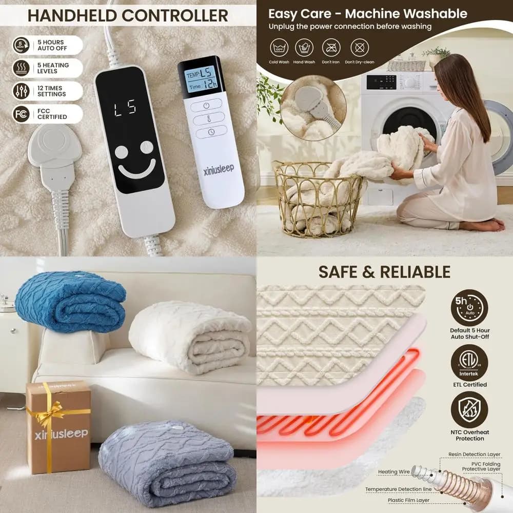 Coperta riscaldata elettrica 62 x 84 con 5 impostazioni di temperatura e spegnimento automatico da 1-12 ore, beige