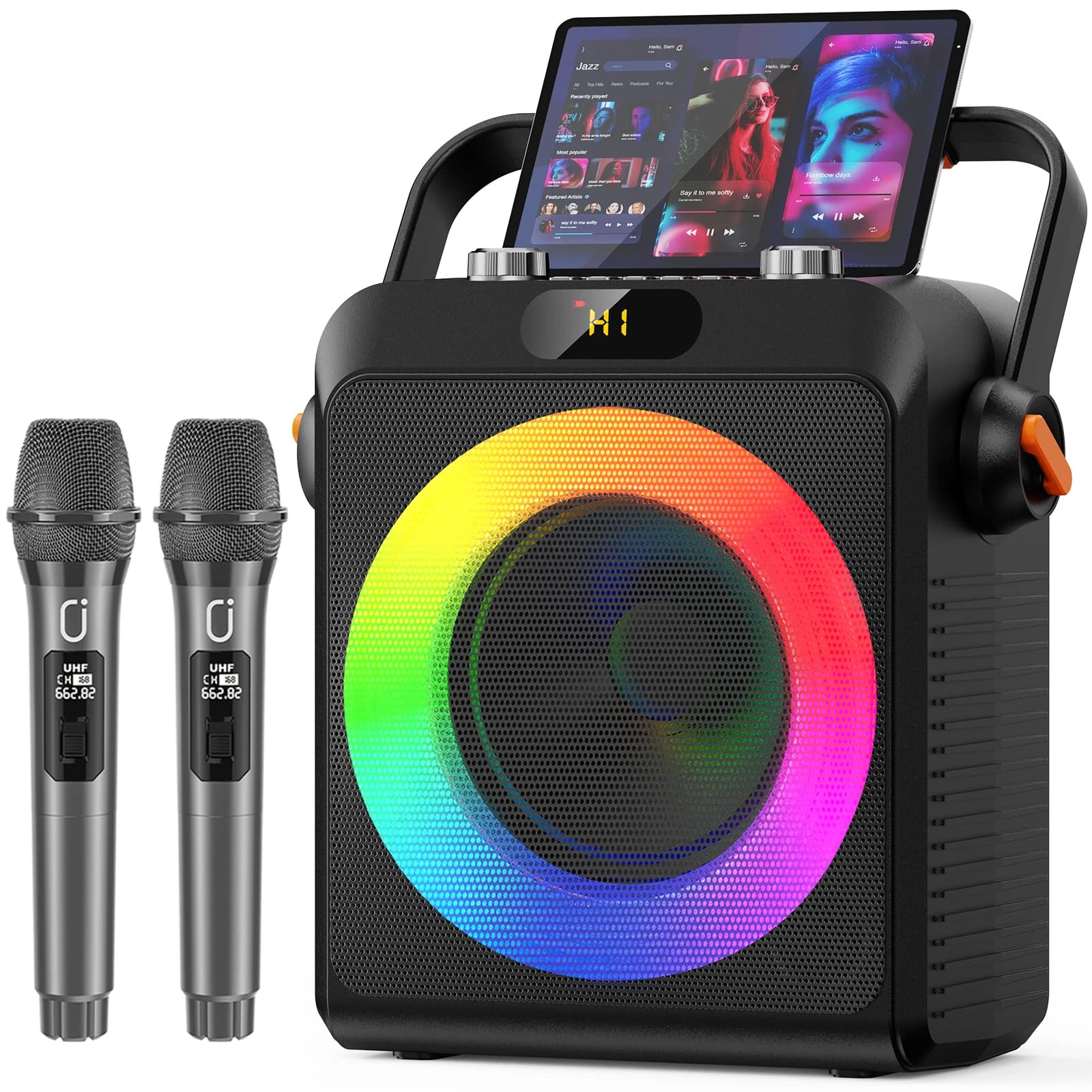 Macchina per karaoke JYX con 2 microfoni wireless per adulti, riunioni all'aperto, supporto TV/AUX/USB/scheda TF/Live (80W)