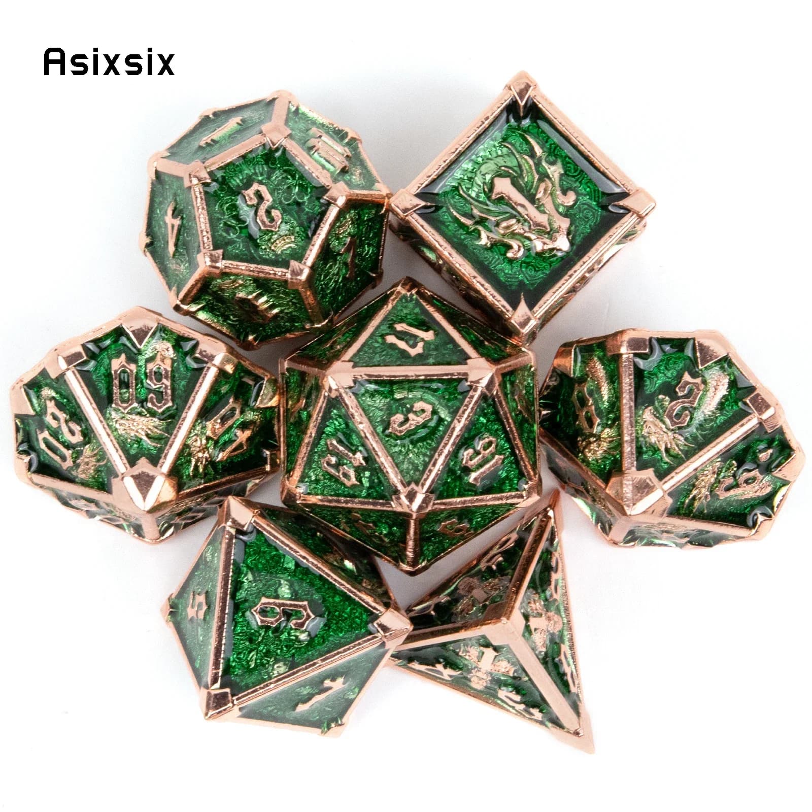 Set di 7 dadi in metallo massiccio verde dorato a forma di teschio, perfetti per giochi di carte, giochi da tavolo, Critical Role, RPG, D&D