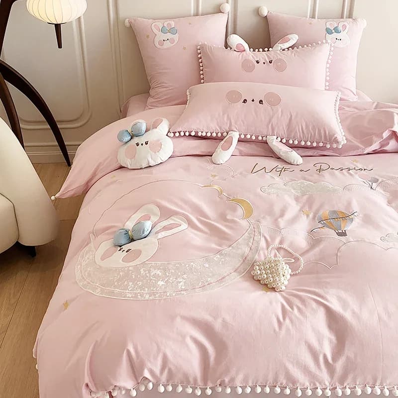 Nuovo rosa simpatico cartone animato coniglio luna ricamo 100% cotone set biancheria da letto per ragazze set copripiumino con bordo palla bianca lenzuolo federe