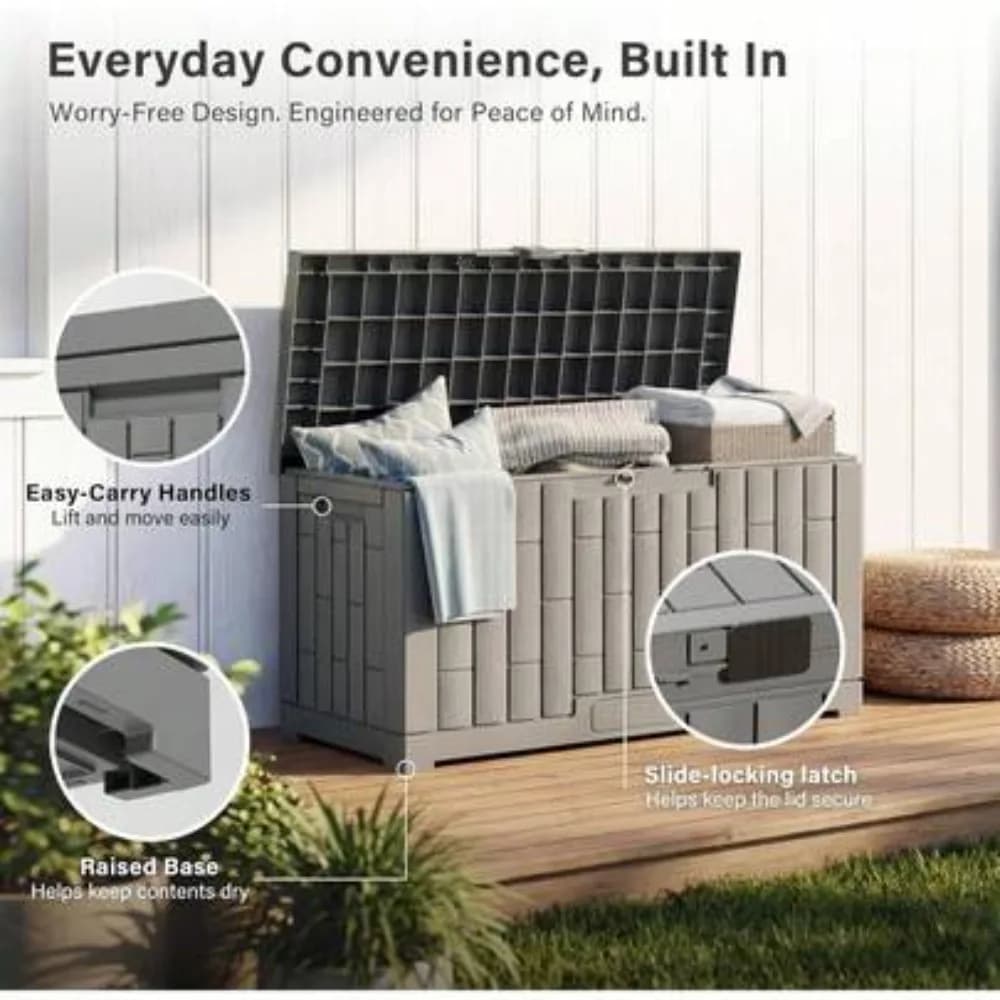 Outdoor Storage Box 60 Gallon Waterproof Resin Deck Box for Patio Cushions Gardening Tools Lockable UV Resistant Grey
